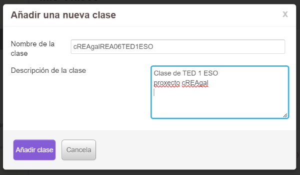 Nombre y descripción de la nueva clase