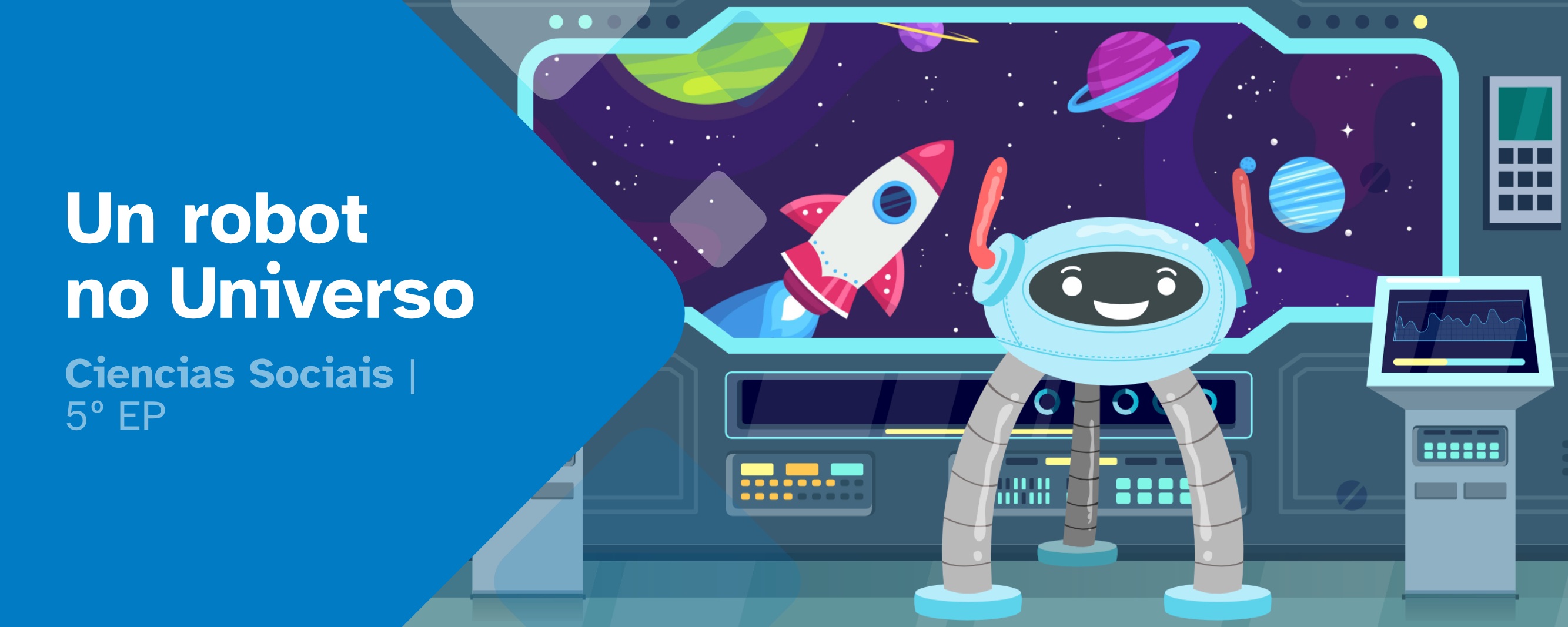 Portada Un robot no universo. Robot dentro dunha nave con fondo do espazo.