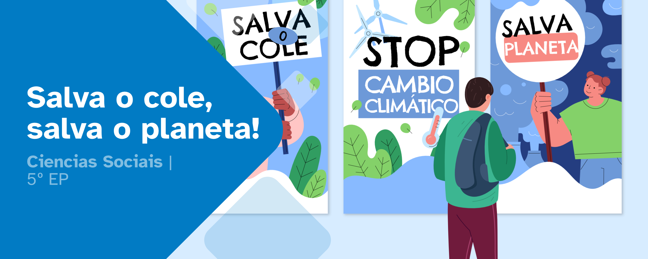 Imaxe de portada que ten na dereita imaxes que representan as ciencias socias e a esquerda un texto que di Ciencias Sociais 5º Educación Primaria