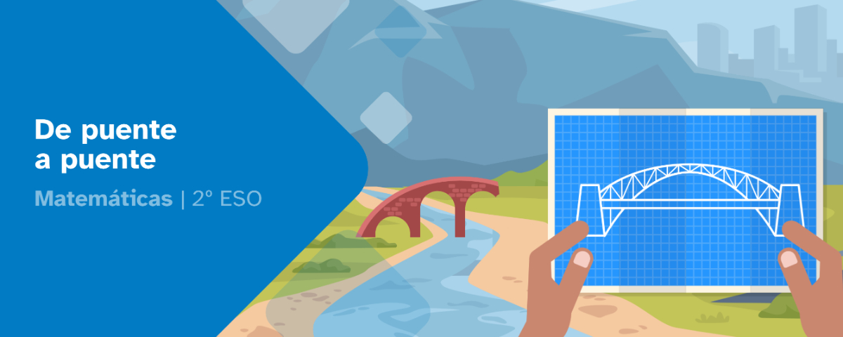 Portada De puente a puente. Manos sosteniendo un plano con un puente y fondo de paraje fluvial con un río, un puente y una ciudad al fondo.