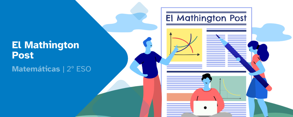 Portada El Mathington Post. Personaje con un ordenador portátil sentado en el suelo, personajes señalando a una página del periódico, uno de ellos es una chica con un gran lápiz en la mano.