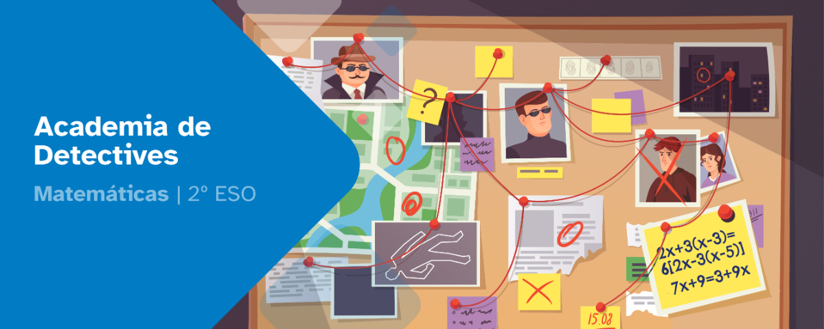 Portada de Academia de Detectives. Matemáticas 2º ESO. Panel con personajes y anotaciones unidos con chinchetas e hilos.