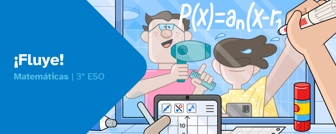 Portada REA 3 Matemáticas 3º ESO cun fondo de cuarto de baño no que se ven reflectidos nun espello dous personaxes, un deles seca o pelo do outro que está a escribir unha expresión polinómica no espello mentres sostén na outra man unha pantalla na que hai unha gráfica con varios botóns