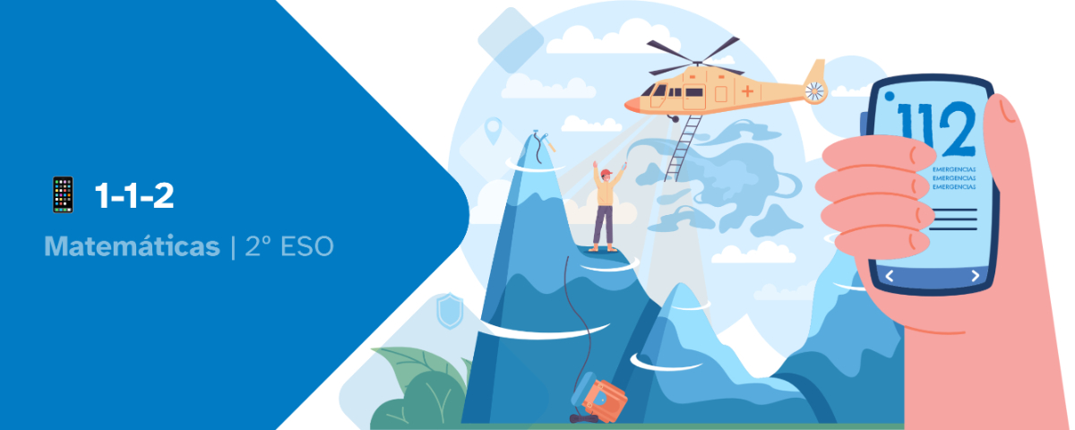 Portada 1-1-2 matemáticas 2º ESO. Persona en la cima de una montaña pidiendo ayuda, helicóptero volando con una escalera suelta, mano con un teléfono que contiene el 112, mochila en la base de la montaña.