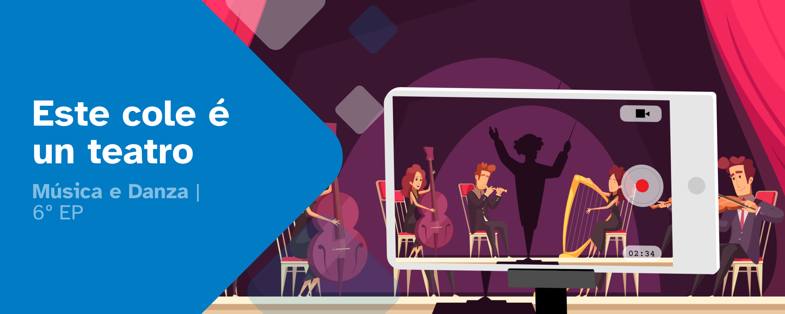 Imaxe de portada do REA "Este cole é un teatro", onde se pode ver unha imaxe dun escenario con artistas e un director a través da pantalla dun dispositivo que está gravando.