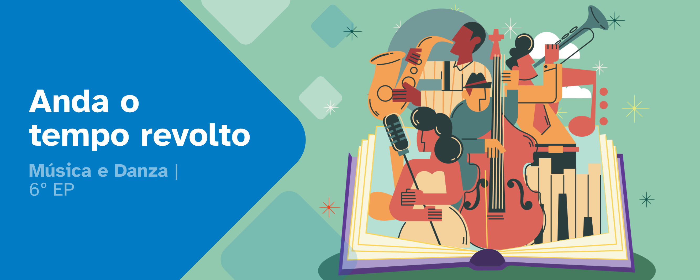 Imaxe de portada do REA 1 "Anda o tempo revolto" onde se poden ver a unhas persoas tocando instrumentos e cantando enriba dun libro.