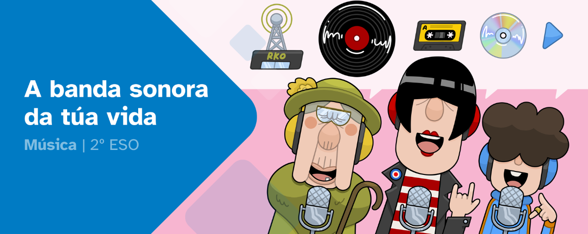 Portada do REA 4 da materia de Música de 2º da ESO: A banda sonora da túa vida. Aparecen tres persoas representando diferentes xeracións cun micrófono diante. Enriba de estas persoas, amósanse pictogramas de radio, vinilo, unha cinda de casete e un CD.