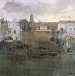 Óleo de Joaquin SAENZ (1984): Triana, casas en la orilla.