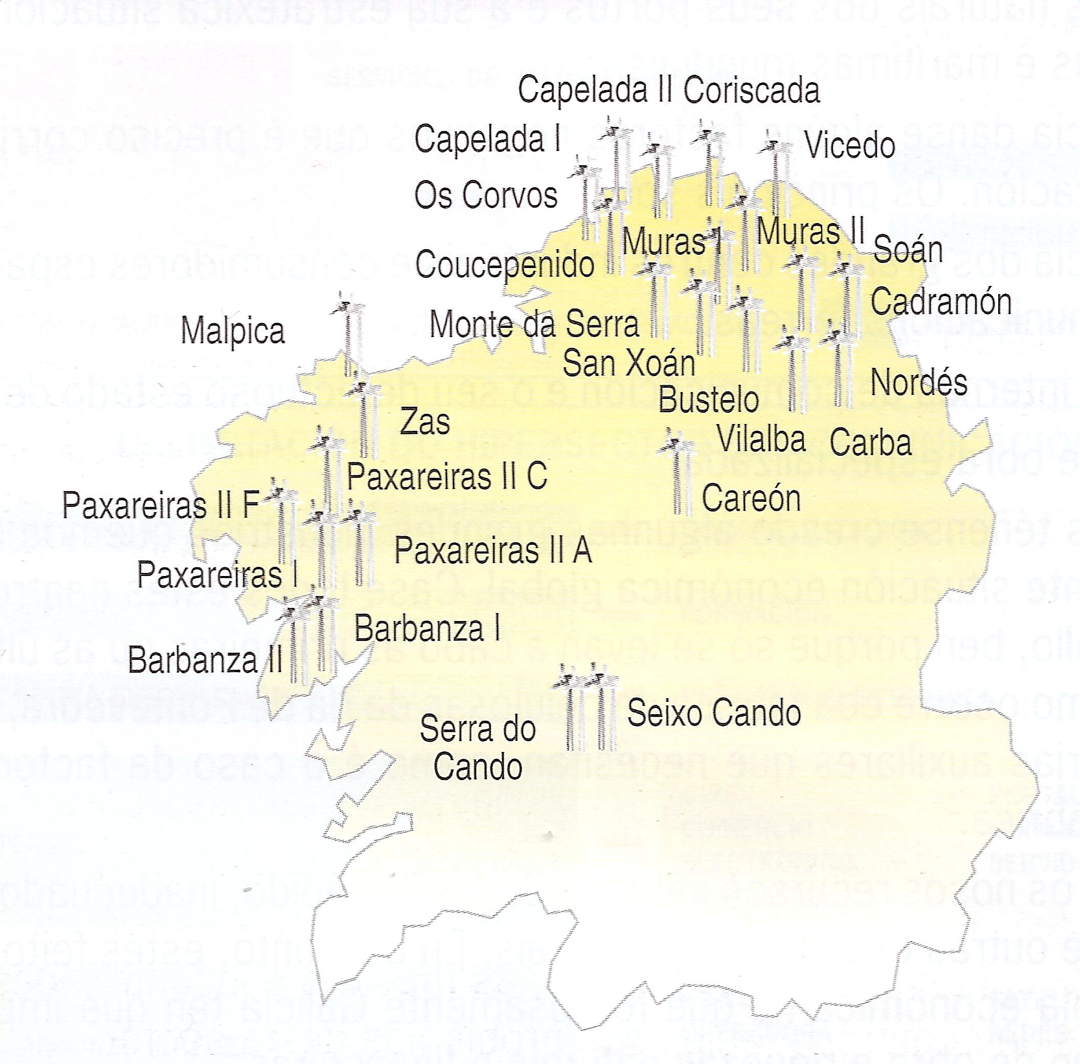 Localización dos parques eólicos en funcionamento