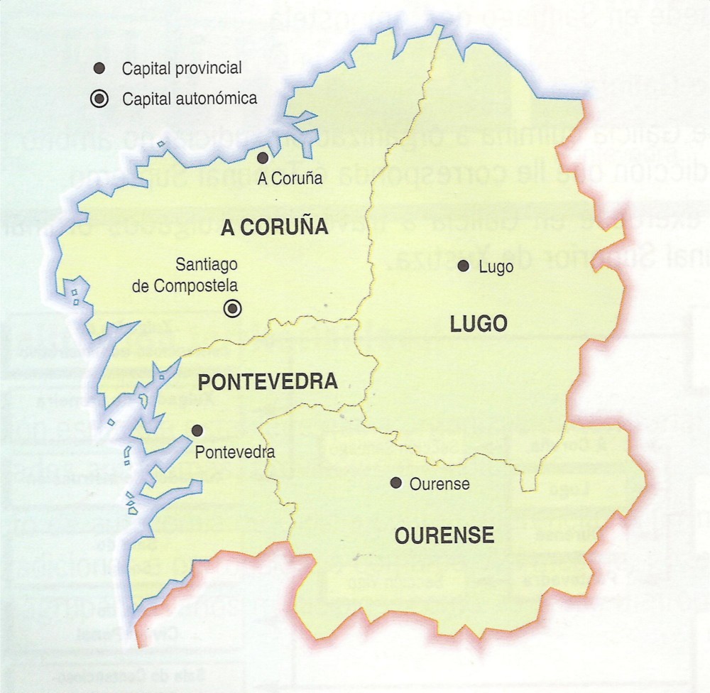 Mapa da divisi&oacute;n administrativa actual de Galicia en provincias
