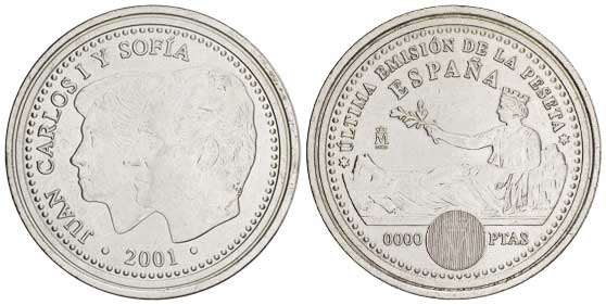 Medalla conmemorativa da derradeira emisi&oacute;n da peseta no ano 2001