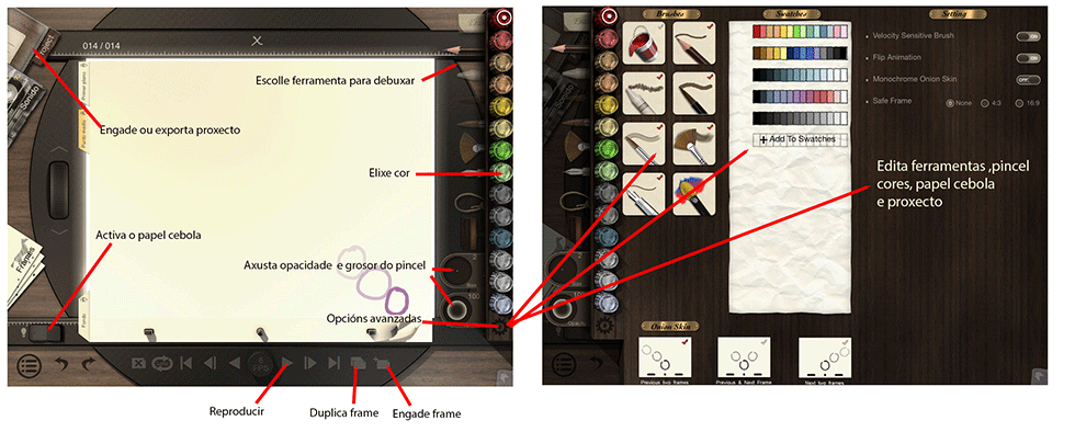 Pantallas e descrición das ferramentas da app Animation Desk