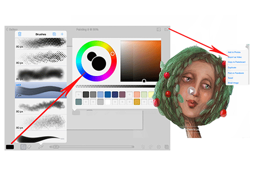 Ilustración que mostra as principais ferramentas da app Brushes