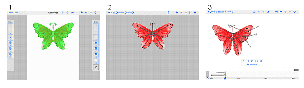 As tres pantallas de edición da app Plastic