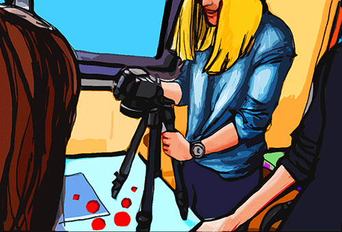 Ilustración duns alumnos realizando a técnica de Stop Motion sobre unha mesa da aula