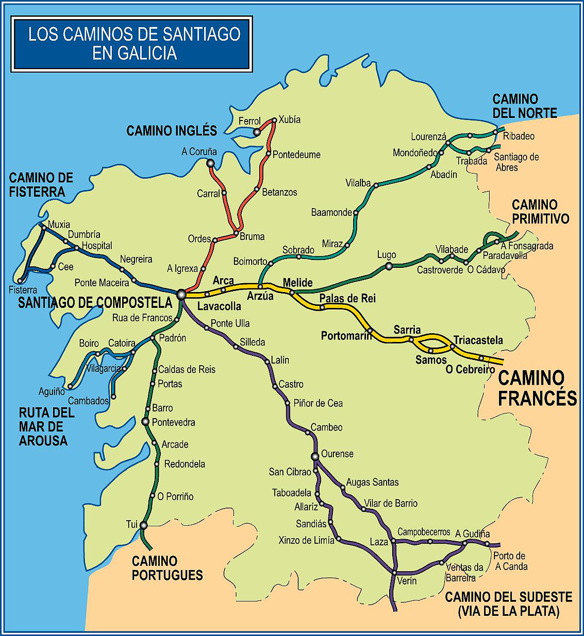 Mapa dos Camiños de Santiago en Galicia
