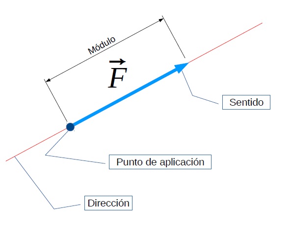 Dibujo representativo del vector fuerza y sus elementos.