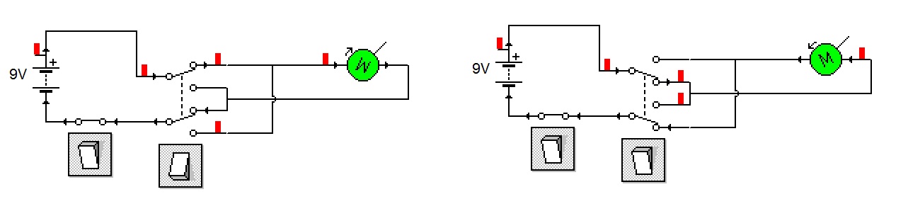 Dos esquemas eléctricos con las dos posiciones del conmutador en un circuito para invertir el sentido de giro de un motor.