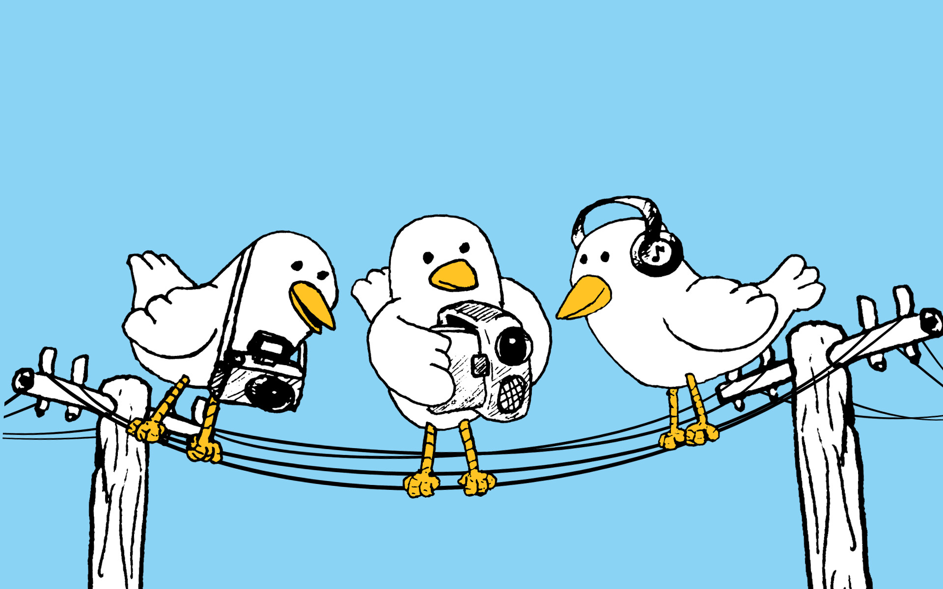 Tres pájaros posados sobre unos cables elevados con cámara de fotos, videocámara y cascos de sonido