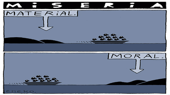 Humor gráfico: un cayuco huye de tierras en las que dice "miseria material" y se dirige hacia tierras en las que dice "miseria moral"