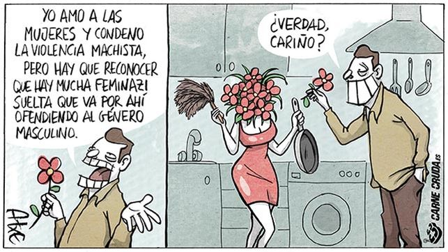 Un hombre dice que condena la violencia machista pero que hay mucha feminazi por ahí. Y le dice a su mujer que le dé la razón. Esta tiene por cabeza un montón de flores, y en las manos una sartén y un plumero y un físico y un vestido atractivos