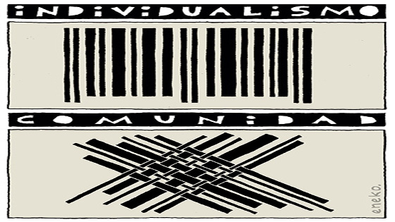 Humor gráfico: se representa el individualismo como un código de barras y la comunidad como las barras todas entrelazadas
