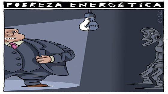 Humor gráfico. Bajo el título "pobreza energética", aparece una habitación donde la luz ilumina a un hombre rico y deja en la penumbra a un hombre pobre