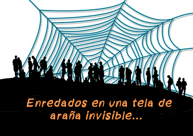 Dibujo con las siluetas de un grupo de personas con una telaraña al fondo