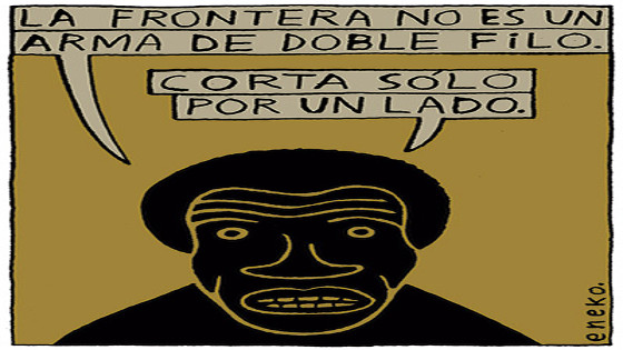 Humor gráfico: un hombre de color dice que la frontera no es un arma de doble filo porque "corta solo por un lado"