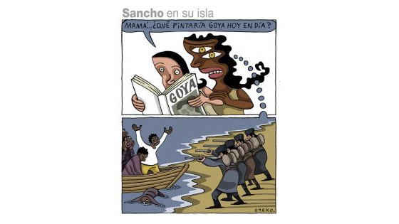 Humor gráfico: a la pregunta de qué pintaría Goya hoy en día se presponde con una recreación de la escena de los fusilamientos del 2 de mayo en la que las víctimas son los inmigrantes que llegan en pateras