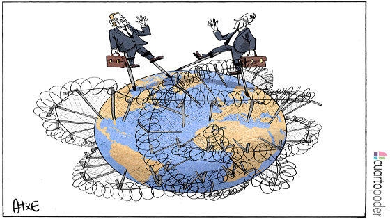 Humor gráfico: unos hombres con traje y maletines con dinero superan las fronteras del planeta apoyados en unos zancos