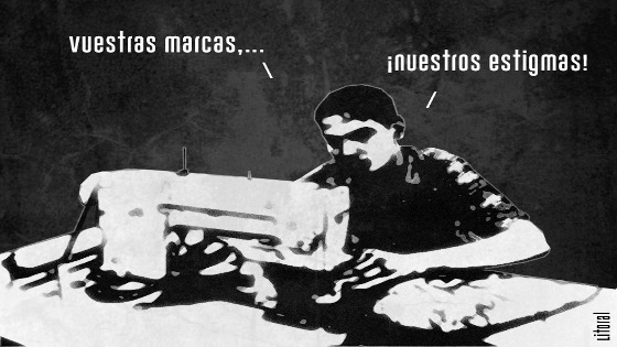Dibujo de un chico ante una máquina de coser que dice: "Vuestras marcas, nuestros estigmas"