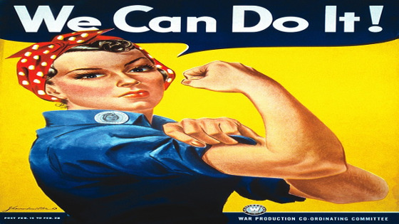 Dibujo de mujer que enseña el músculo del brazo mientras dice: "We can do it!"