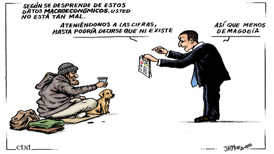 Un hombre de traje le dice a un hombre que pide limosna que los datos macroeconómicos demuestran que el pobre no está tan mal y que, de hecho, ni siquiera debería existir