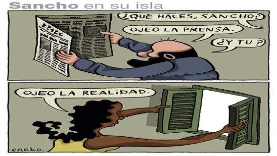 Humor gráfico: un hombre dice que ojea la prensa y la mujer, que contempla lo que se ve desde su ventana, le contesta que ella ojea la realidad