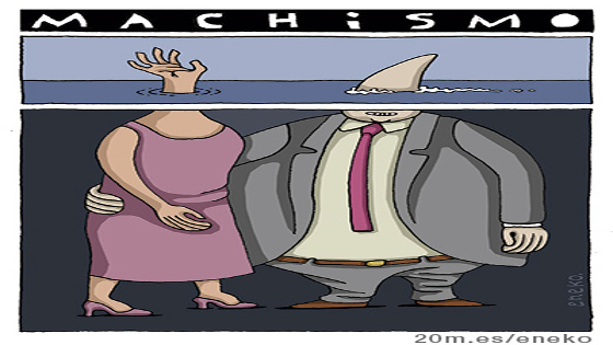 Un hombre abraza por la cintura a su mujer. En la viñeta superior se ve que la cabeza de un hombre es un tiburón y la de la mujer una mano que pide ayuda