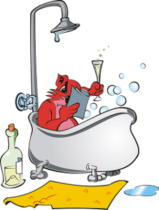 Imaxe: debuxo de gato duchándose e lendo unha revista