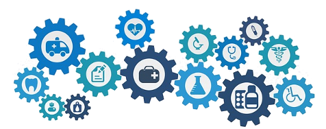 Imaxe: logos relacionados coa saúde en engranaxes