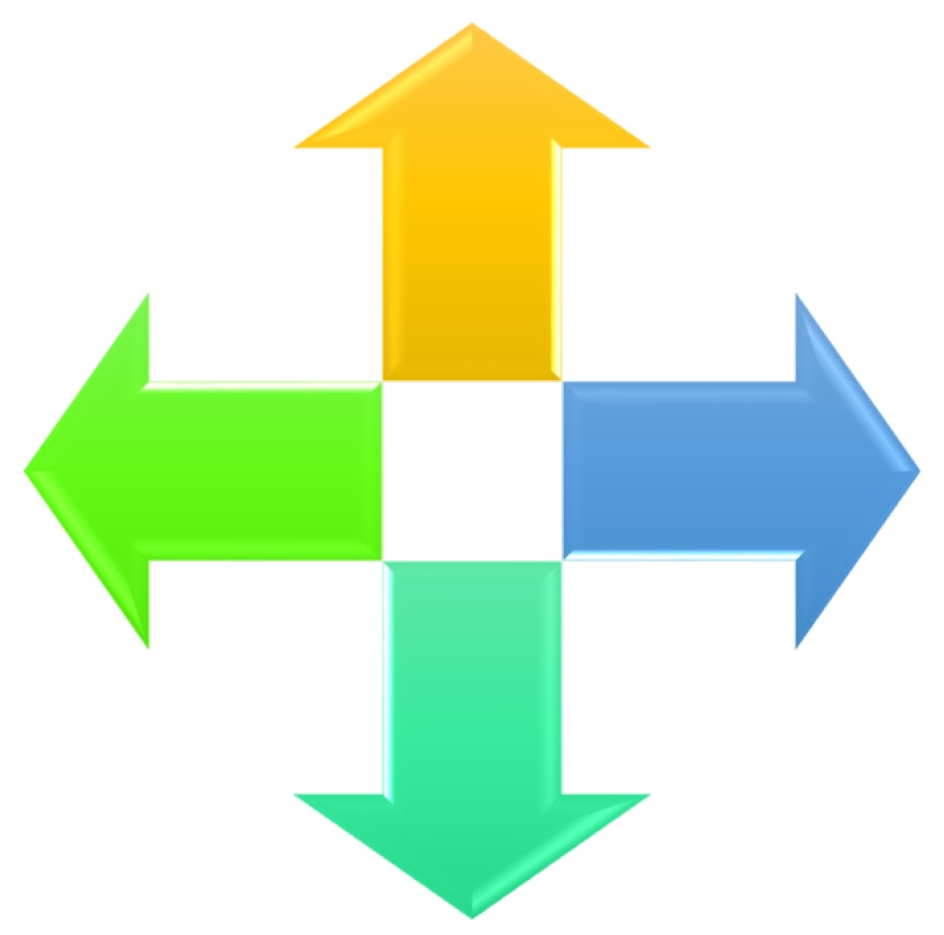 Catro frechas sinalando cara ao exterior.