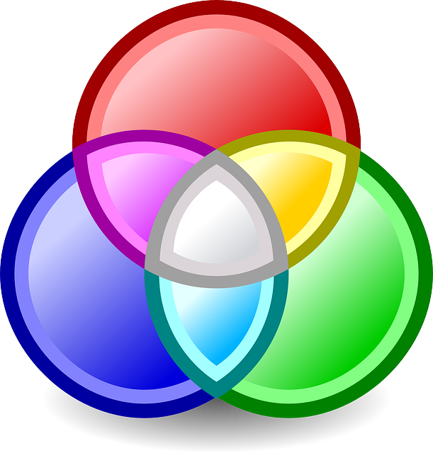 Tres círculos de cores secantes.