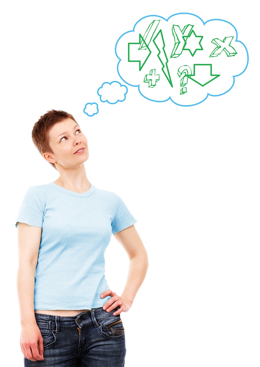 Rapaza pensando, representado o pensamento cunha serie de símbolos desordeados.