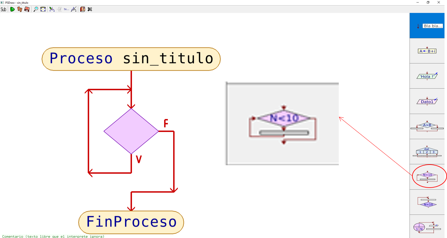 PSeint: Estrutura repetitiva MENTRES ... Pantalla de PSeint coa instrución MENTRES ...