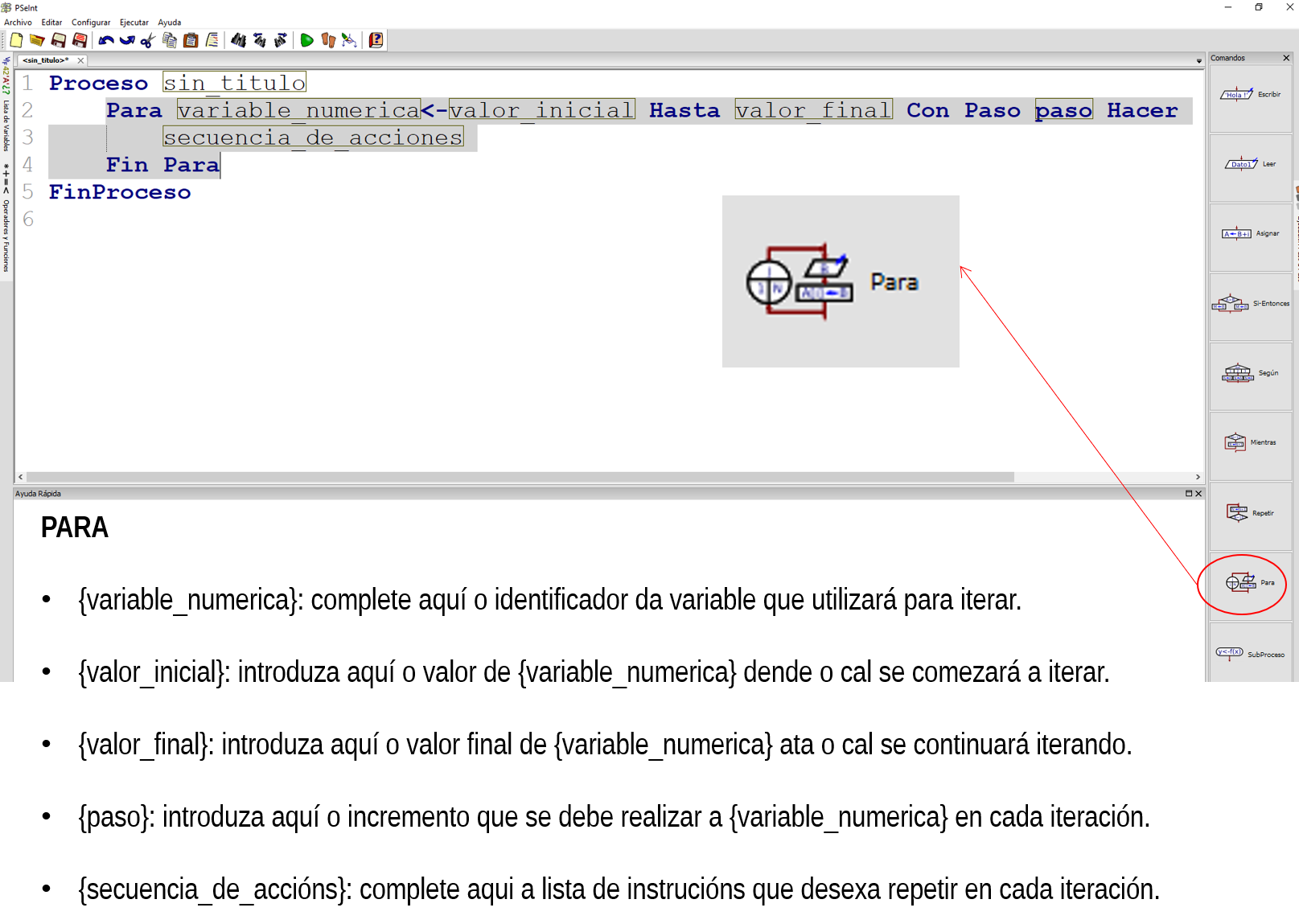 PSeint: Estrutura PARA Pantalla de PSeint coa instrución PARA.