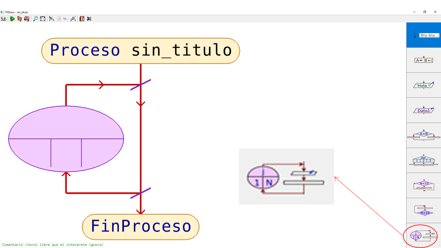 PSeint: Diagrama de fluxo PARA. Pantalla de PSeint co diagrama de fluxo da instrución PARA.