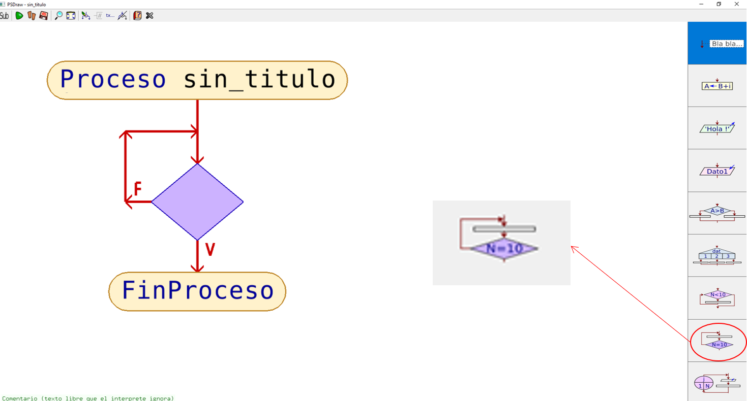 PSeint: Diagrama de fluxo REPETIR ATA QUE Pantalla de PSeint co diagrama de fluxo da instrución REPETIR ATA QUE.