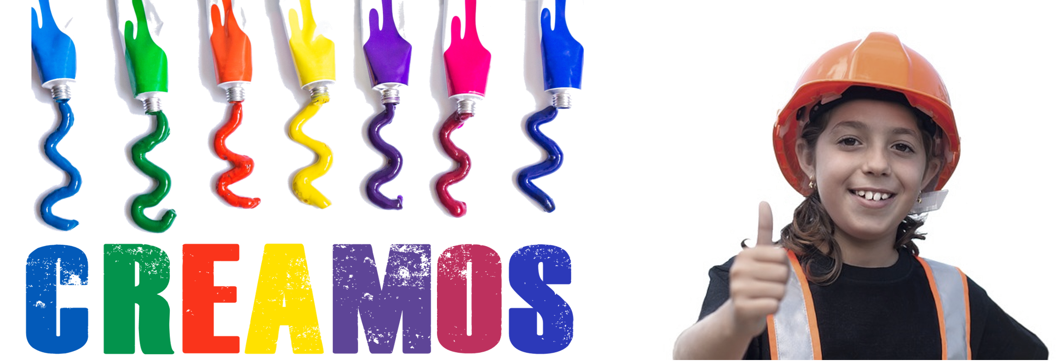 Ilustración con sete tubos de pintura e a palabra "CREAMOS" coas letras de cada un das cores dos tubos. Acompañla á deteira a foto dunha rapaza con chaleco e casco de traballo facendo coa man o xecto de "OK".