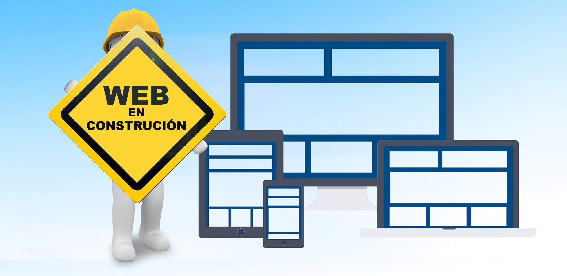 Cartel de "Web en construción"· sostido por unha figura dun/a operario/a e ao lado esquemas de deseño de sitios web.