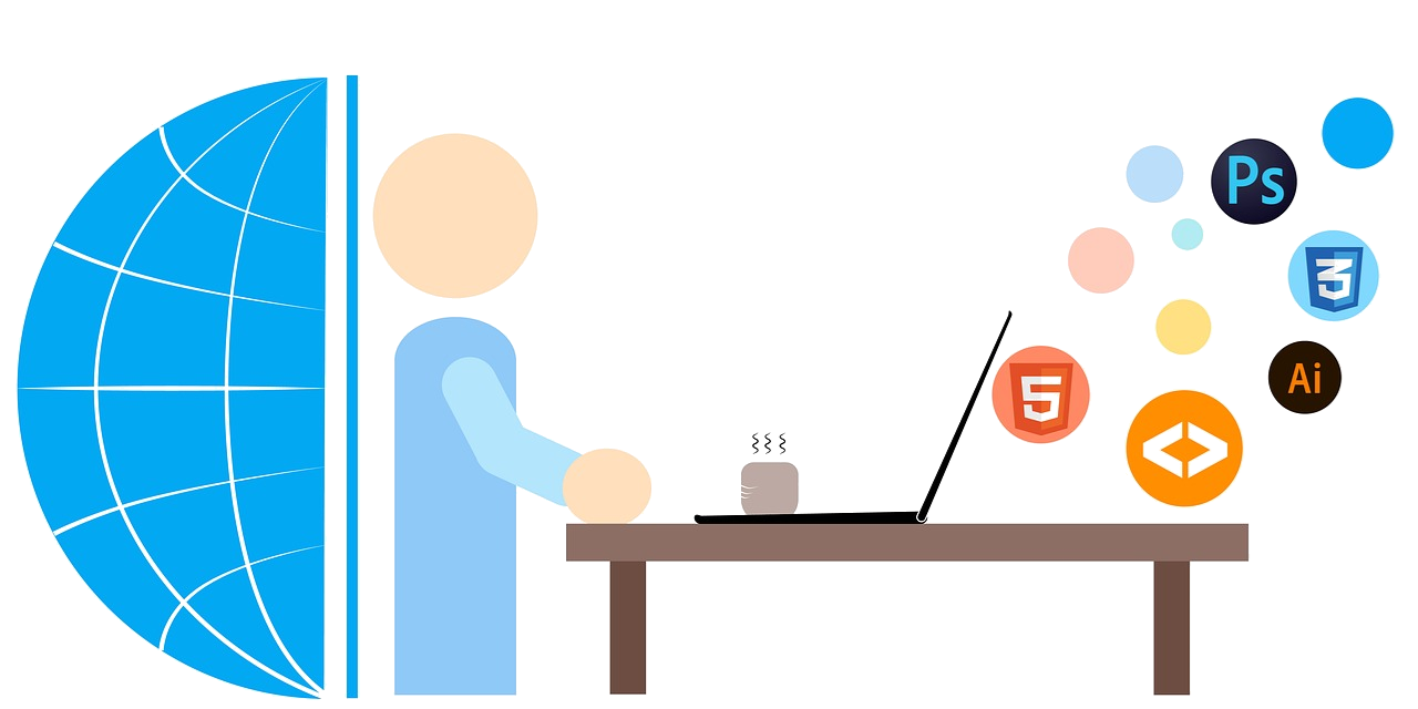 Web Debuxo dunha persoa traballando cun ordenador portátil ao lado dun café. Do ordenador saen símbolos de diferentes linguaxes e ferramentas de programación wev. Pola dereita da imaxe aparece debuxado un símbolo da metade do planeta terra.