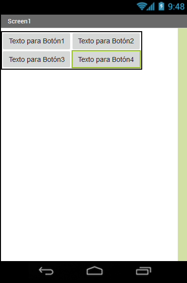 Disposición tabular Ventá do visor amosando unha disposición de catro botóns en táboas.