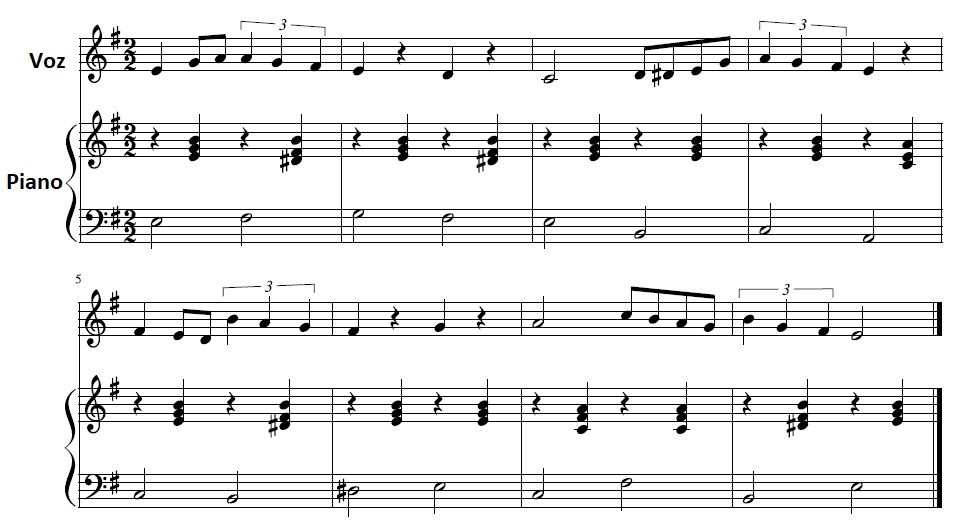 Partitura con voz e piano para analizar acordes